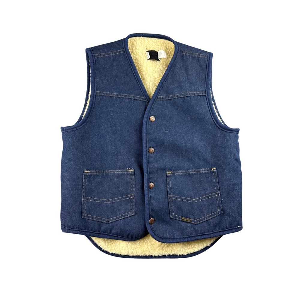Vintage Roebucks Vest Men M Blue Denim Cotton Blend USA Made Pockets Workwear